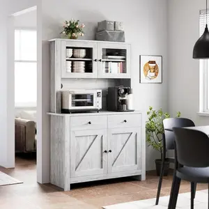 Grey Kitchen Pantry Cabinet with Microwave Stand, Freestanding Hutch Cabinet with Buffet Cupboard, Tall Kitchen Cabinets with Adjustable Shelves for Kitchen, Dining Room