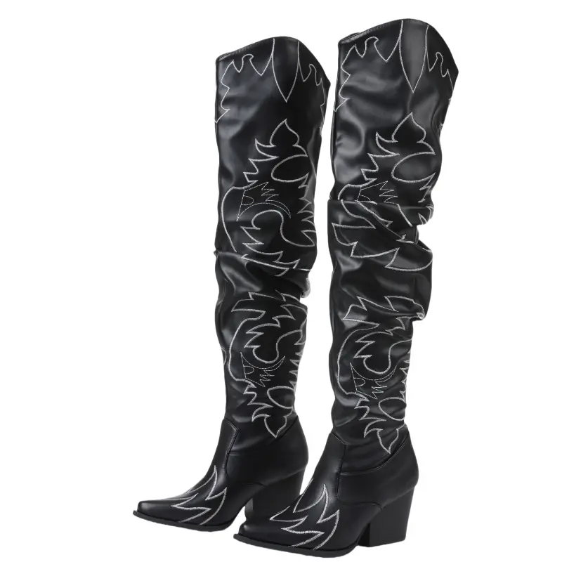 Women's Over-the-Knee Western Cowgirl Point-Toe Chunky Boot Heels, Slip-On Tall Cowboy Booties, Statement Shoes for Country Girl Aesthetic & Pure Country Style