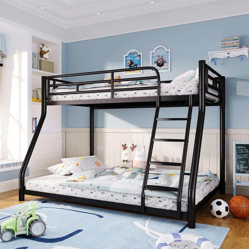 Metal Twin Over Full Size Bunk Bed for Adults & Kids,Twin Over Full Bunk Beds, Low Profile Bunkbeds with Length Guardrail and Ladder, No Box Spring Needed,Space Saving,Black