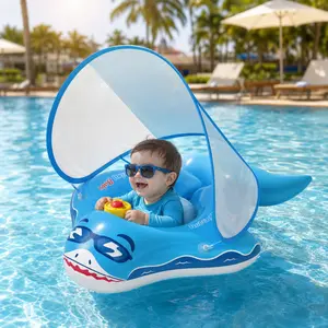 Inflatable Baby Swim Ring Pool Float with Removable Sun Canopy, Cartoon Toddler Floaties for Age 1-6, Summer Beach Toy Gift