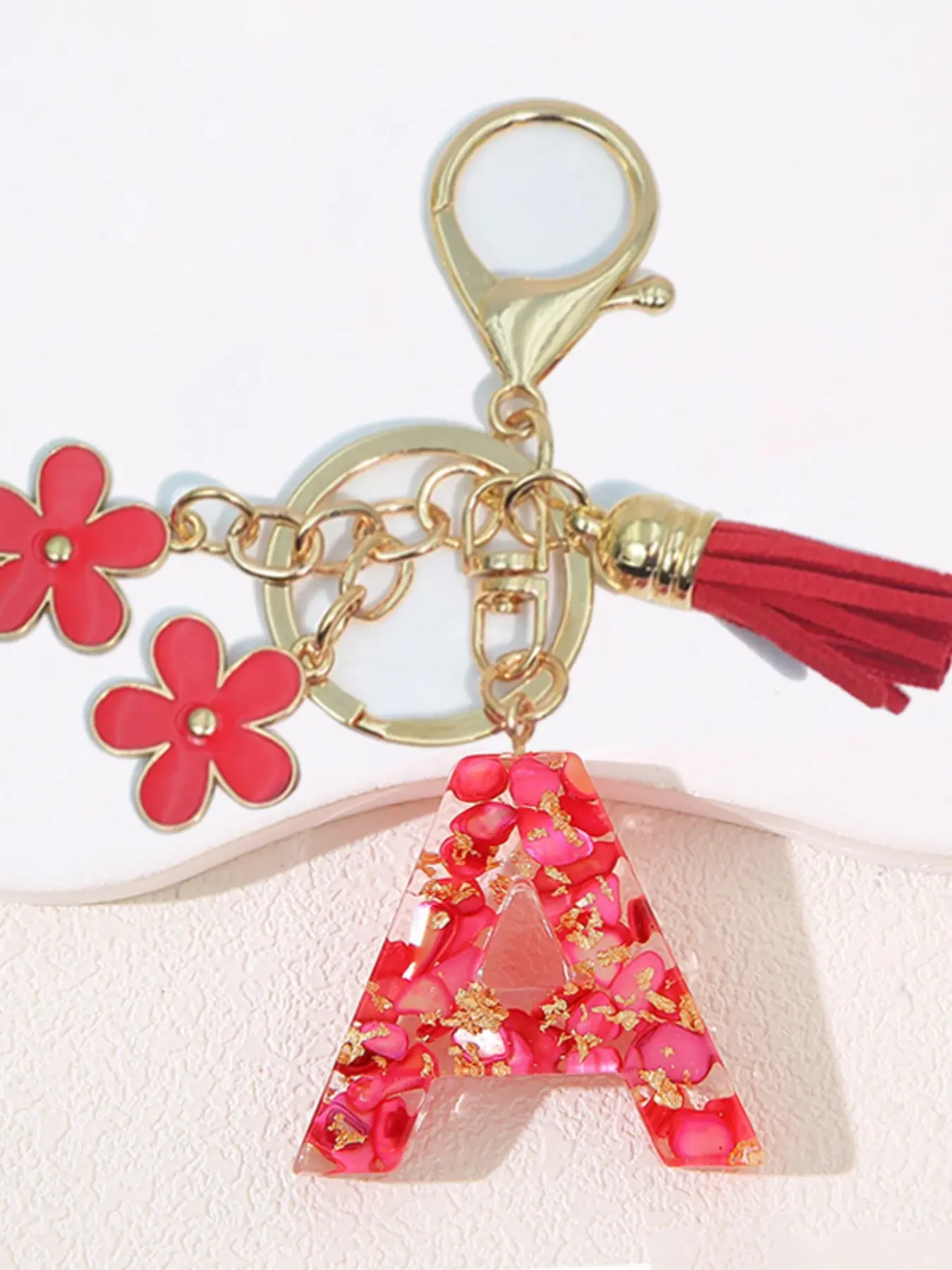 Women's Fashion Resin Stone Gold Foil Keychain, Initial Keychain, Personalized 26 English Capital Letters Keyring, Flower Tassel Car Key Holder, Wallet Bag Charm, Car Key Chains, Keyrings For Keys