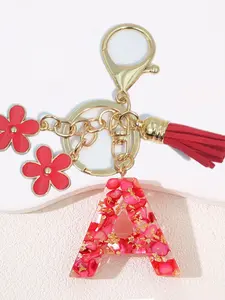 Women's Fashion Resin Stone Gold Foil Keychain, Personalized 26 English Capital Letters Keyring, Flower Tassel Car Key Holder, Wallet Bag Charm