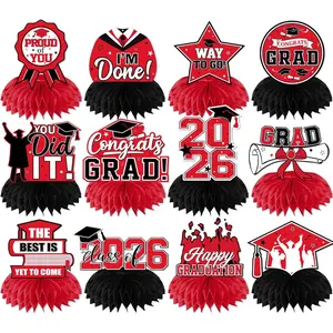12Pcs Red and Black Graduation Decorations 2026 Honeycomb Centerpieces, Class of 2026 Graduation Centerpieces for Tables Red Congrats Grad Graduation Table Decorations, Red Graduations Table Toppers