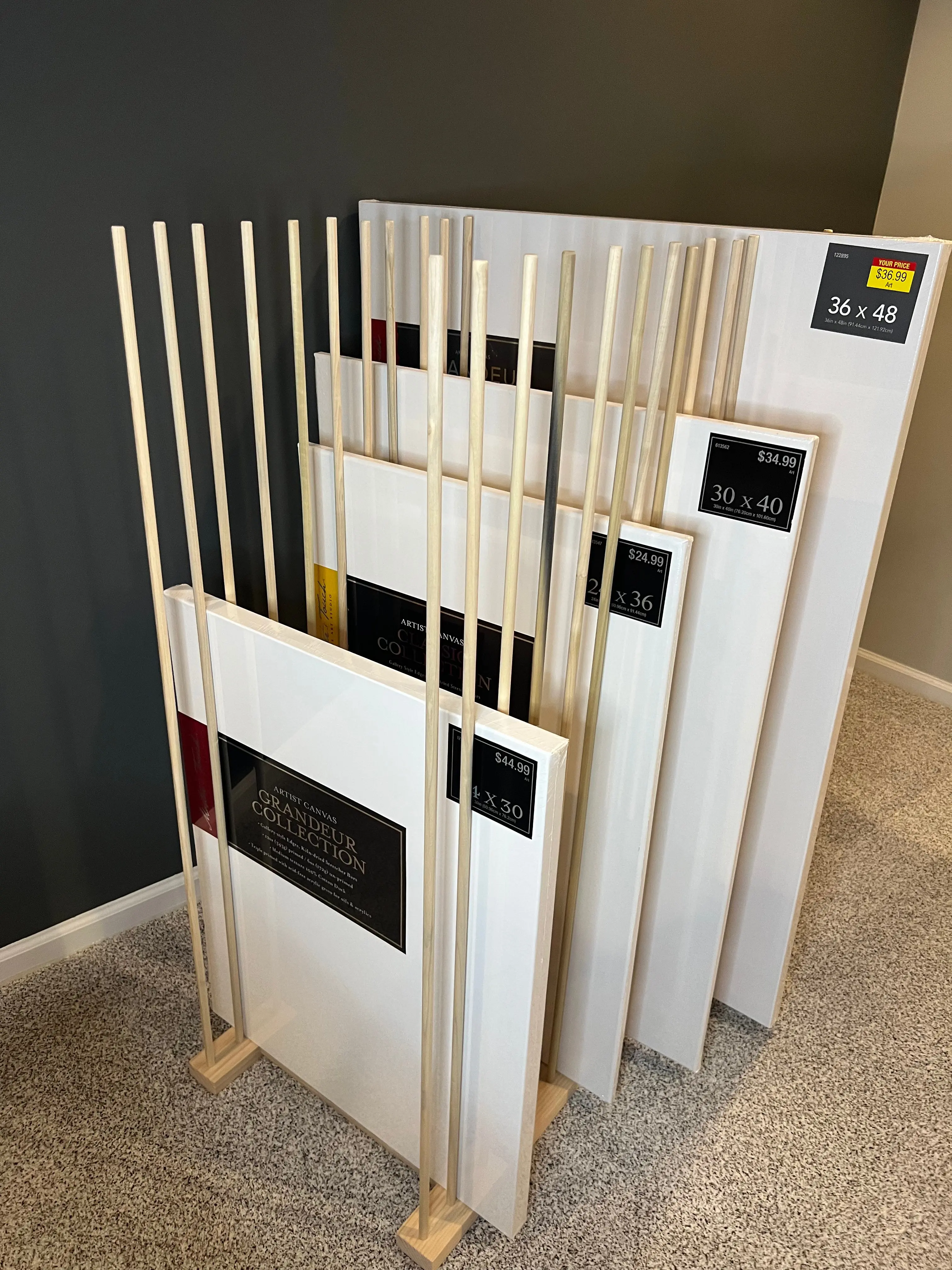 Large Canvas Art Storage Rack - 36" long x 20”wide with 48" tall dowels - up to 48” Canvas