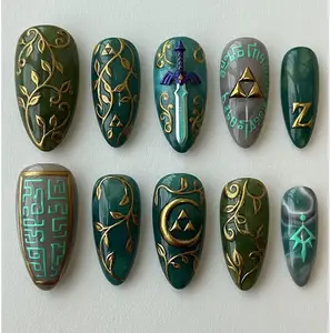Zelda Quest Press On Nails, Master Sword Nails, Triforce & Elven Leaf Nails Set