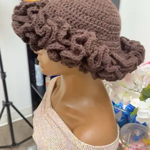 Brown Crochet Ruffle Hat with Elegant Ruffled Design and Soft Knitted Texture
