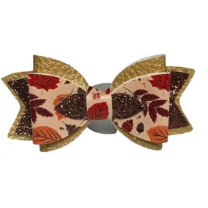 Ruby Bowtique Fall Leaf Print Hair Bow with Glitter Trim for Autumn Fashion