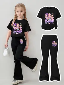Kids' Comfortable Short Sleeve Tee & Bell Bottoms Set, Soft Breathable Material, Suitable for Ages 3-12, All Seasons Wear, Fashion Style Sets