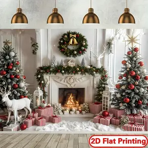 2D Christmas Theme Photography Backdrop, Christmas Tree Elk Pattern Party Banner, Suitable for Winter New Year Holiday Wall Decoration, Living Room, Outdoor Decoration