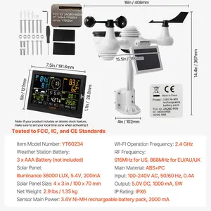 VEVOR 7-in-1 Wi-Fi Weather Station, 7.5 in Color Display, Home Weather Station Indoor Outdoor, with Solar Wireless Outdoor Sensor Alarm Alerts, for Temperature Humidity Wind Speed/Direction Rain