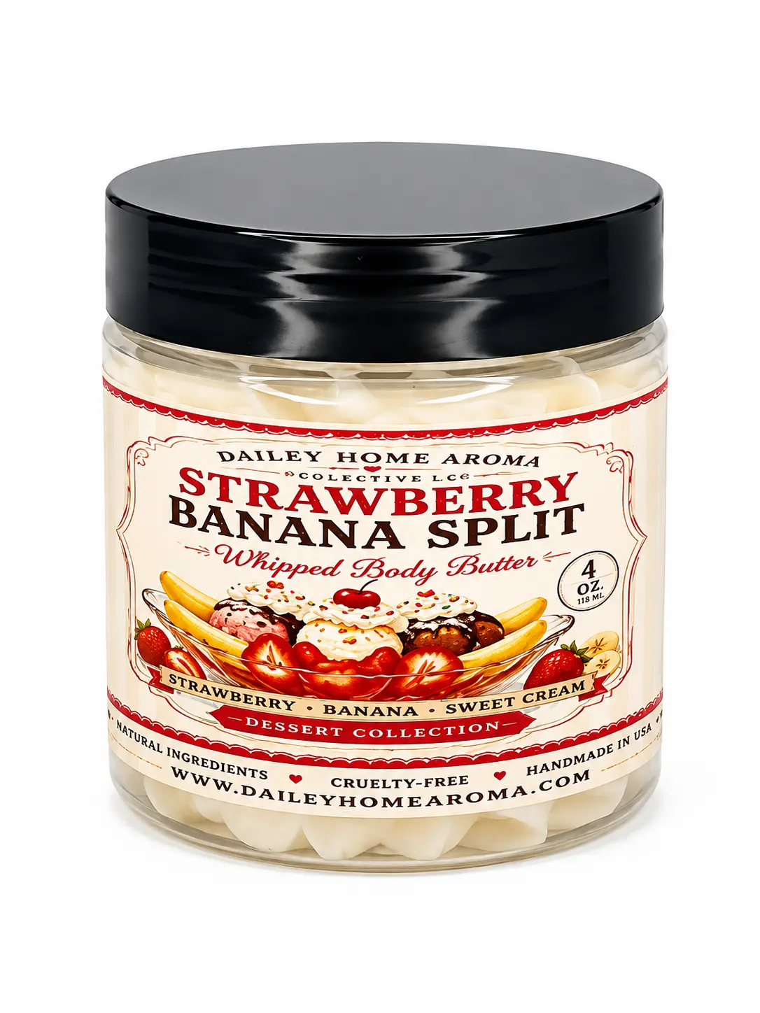 Strawberry Banana Split Whipped Body Butter 4 oz  Deep Moisturizing Dessert Scented Body Cream