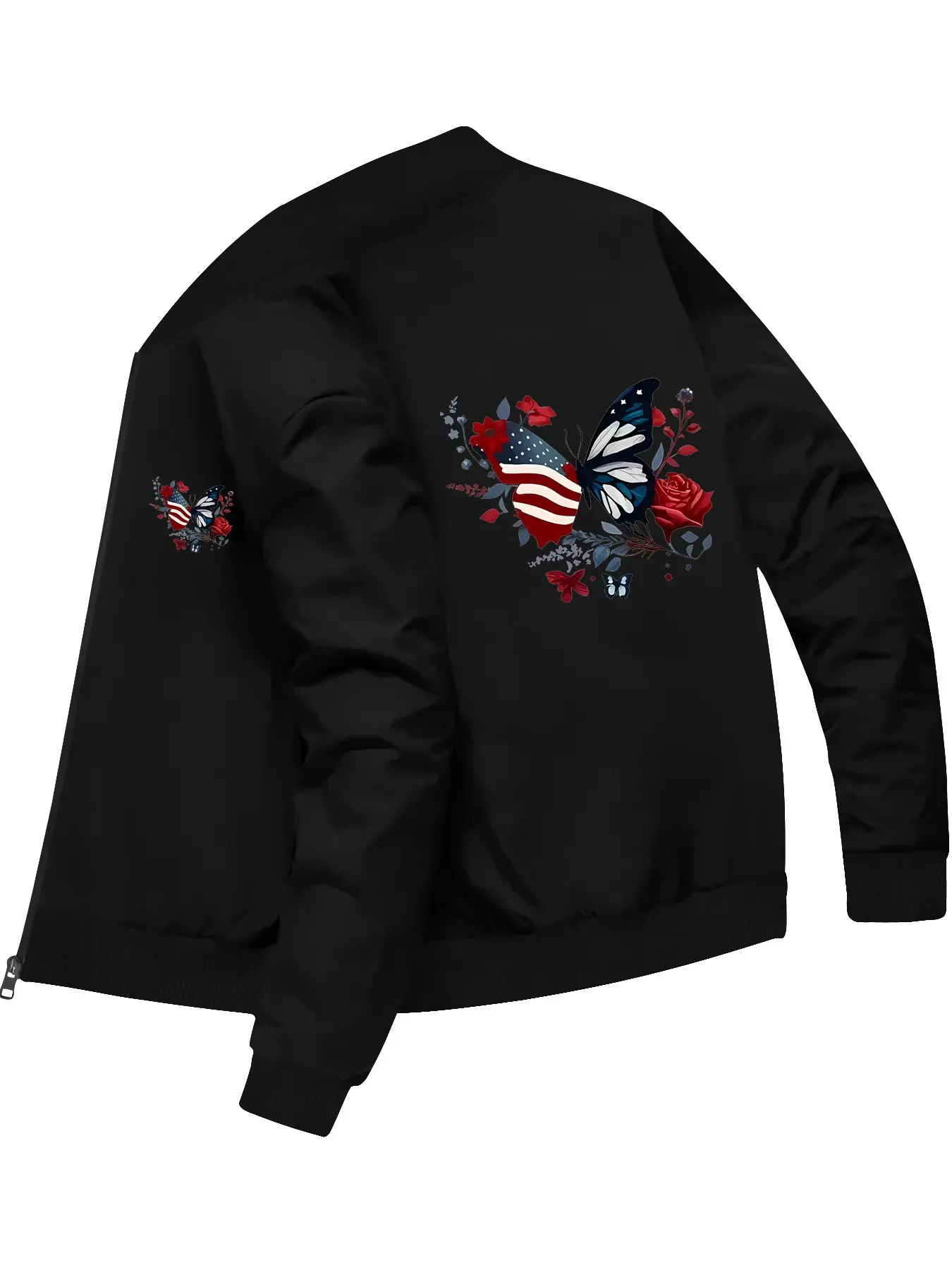 Fashion Trendy Unisex American Flag Butterfly Rose Printed Long Sleeve Tops Baseball Jacket Outerwear Coats for Daily Wear and Casual Occasions