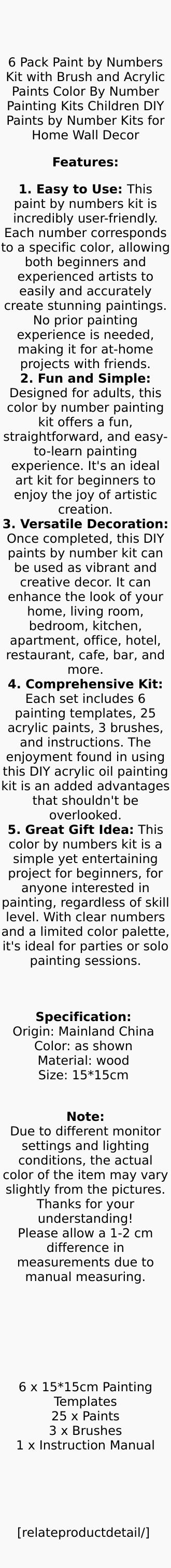 6 Pack Paint by Numbers Kit With Brush and Acrylic Paints Color Art Painting Cocktail Culture DIY Acrylic Oil Painting for Adult
