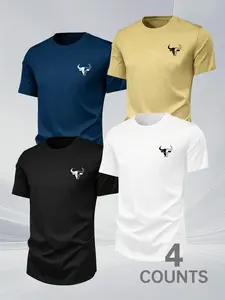 American Style Bull Symbol Print Short Sleeve T-Shirt, Summer Running Fitness Training Quick-Dry Top, Comfortable Breathable Fabric, Four Basic Colors