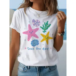 Seize the Moment with Adorable Starfish and Seashell Ocean Life Cotton T-shirt Perfect for Summer Beach Vacation and Coastal Outings Playful Marine Animal Theme Gift