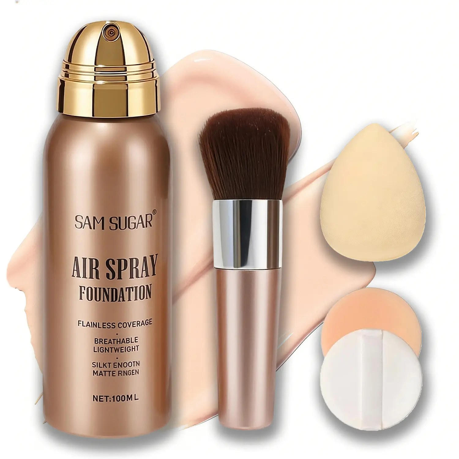 SAM SUGAR Airbrush Spray Foundation, Moisturizing Matte Cosmetic for Mature Skin, 24H Long-Lasting Daily Formula, 100ml, Blend, Coverage, All Day Hold Concealer & Foundation, Makeup, All Skin Types