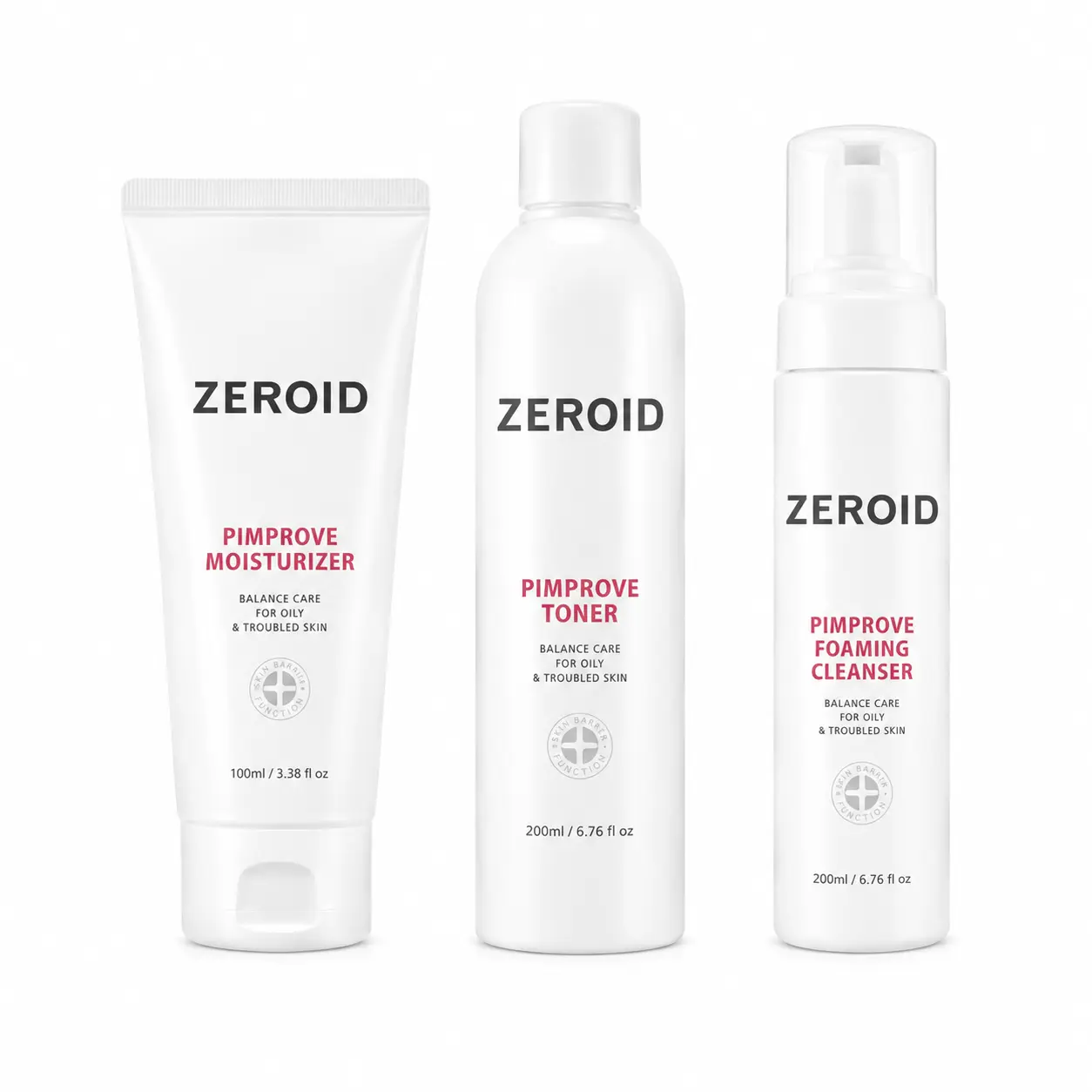 ZEROID | Pimprove Clear Skin Kit | Foaming Cleanser | Facial Toner | Moisturizer | Cleanser, Toner & Cream for Sensitive and Oily Skin | 6.76 fl oz (200ml) + 6.76 fl oz (200ml) + 3.38 fl oz (100ml)