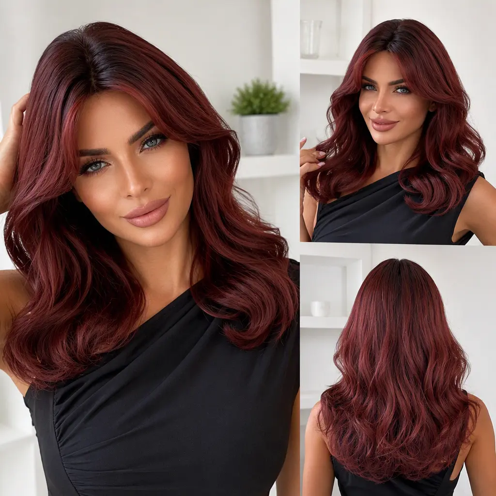 Women's Burgundy Wine Red Synthetic Full Machine Wig - Shoulder-Length Wavy with Face-Framing Curtain Bangs, Natural Fashion Wig for Daily & Party