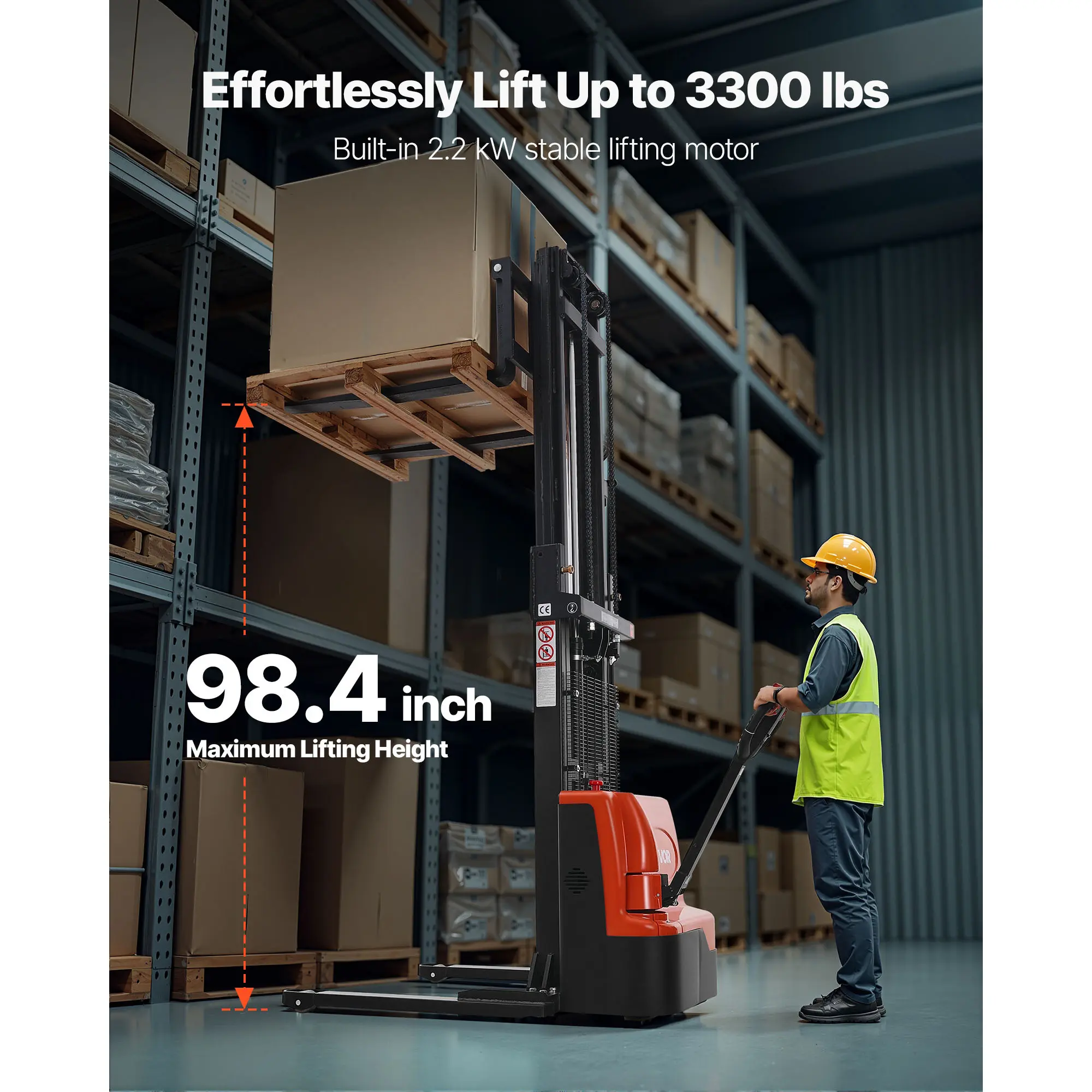 VEVOR Full Electric Pallet Stacker, 3300 lbs Capacity, Pallet Lift Stacker Forklift with Straddle Legs & Forks, 96.06 Inches Lifting Height & 8.66-31.1 Inches Adjustable Fork Width, Orange & Black