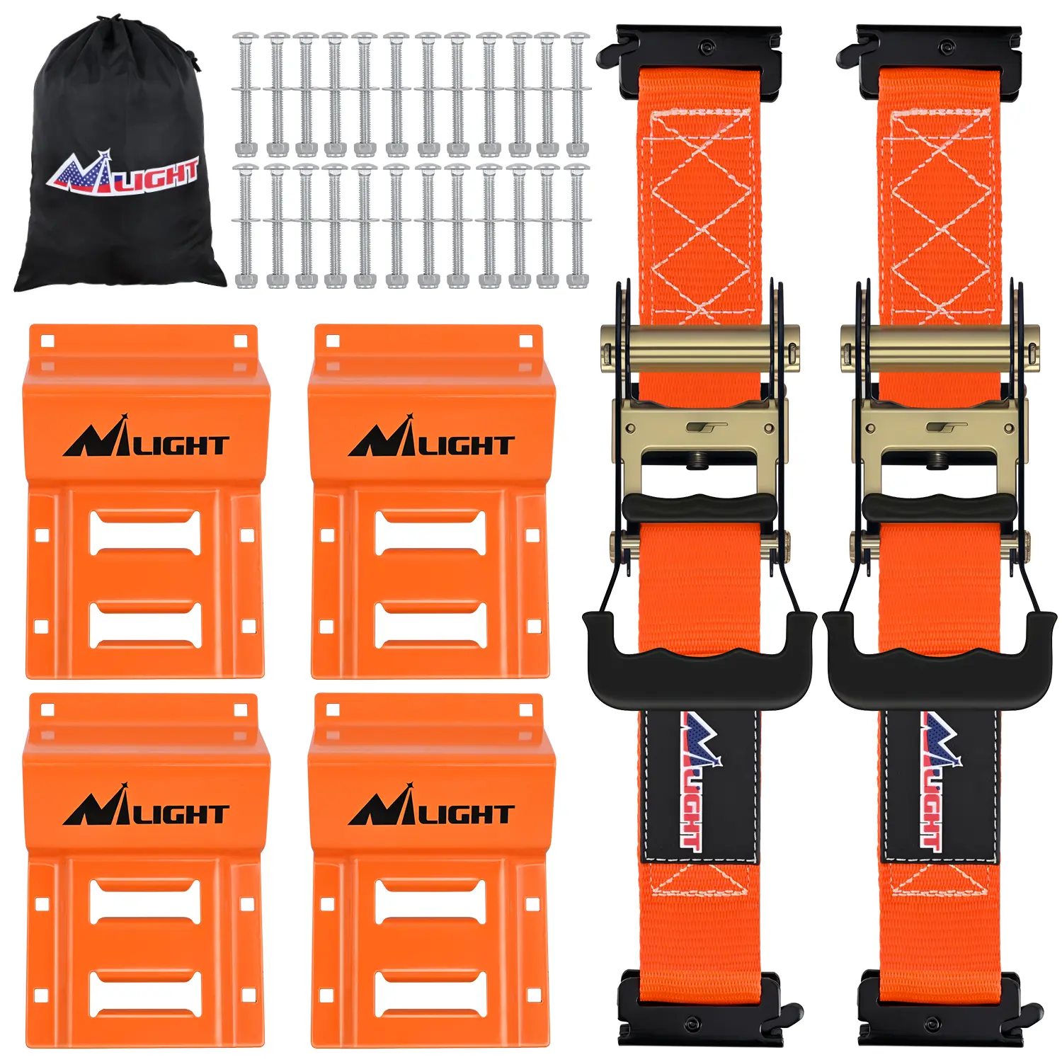 Nilight Wheel Chock Tie Down Kit 4500lb Break Strength 2Pcs E Track Ratchet Straps 4 Pcs Heavy Duty Trailer Tire Straps System for ATV, UTV, Lawn Mower,SXS 10 in-30 in Diameter Tires Orange