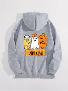 【Plus Size】 Letter & Halloween Print Thermal Lined Oodie, Fashion Casual Drawstring Pocket Hooded Sweatshirt for Daily Holiday Outdoor Wear, Women Clothing for Fall & Winter