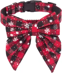 ADOGGYGO Christmas Dog Collar with Bow, Adjustable Cotton Red Bowtie Dog Christmas Collars for Large Dogs Pets (Large, Black & Red)