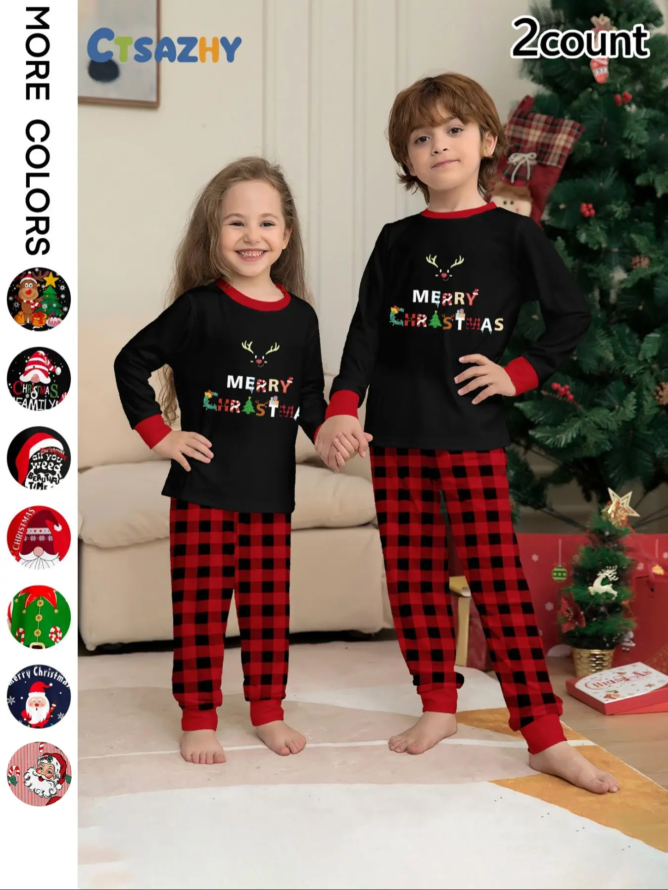 Christmas Pajamas Set, Cartoon Reindeer Print Top & Plaid Pants, Casual Fitted Home Wear for Fall Winter, Ages 2-14 Years