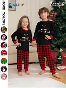 christmas pajamas set, cartoon reindeer print top & plaid pants, casual fitted home wear for fall winter, ages 2-14 years