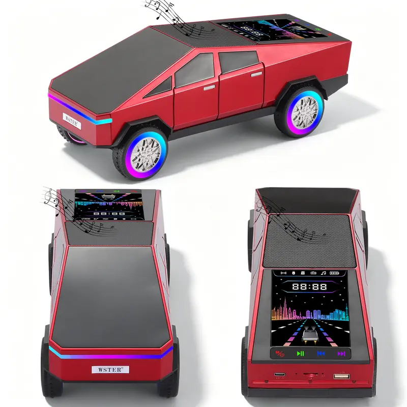 WSTER WS-580Plus Cybertruck Portable Wireless Stereo Speaker - Car Audio, Rechargeable Multifunctional Audio System with LED Lights, FM Radio, USB/TF Card, TWS Stereo, Dad & Car Lover Gift from Kids
