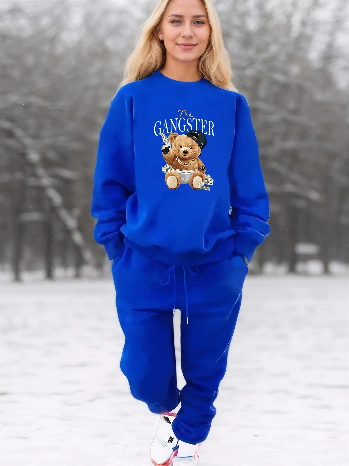 【Plus Size】 Two-Piece Set Cartoon Bear Print Drop Shoulder Sweatshirt & Plain Drawstring Waist Sweatpants Set, Casual Fashion Cozy Breathable Two-piece Outfits for Daily Wear, Women's Clothing for Fall & Winter