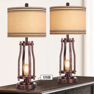Set of 2 USB Farmhouse Table Lamp for Bedroom, 3-color temperature Touch Control Nightstand Desk Lamp for Home Living Room Office,4 Bulbs Included valentine gift vintage  lighting