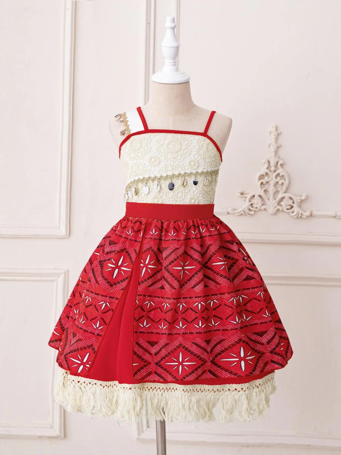 Girl's Princess Style Shell Decor Fringe Trim Costume Little Girl Dress, Cute Asymmetrical Sleeveless Party Outfits Dress for Party Holiday, Kids Costume Clothes for All Seasons, Appliques Sleeveless Dress