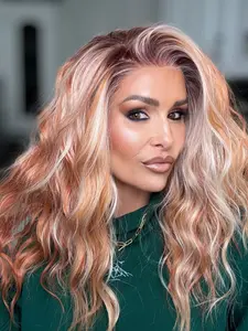 AISOM Mila Sunset Peach Blend(SPB) Water Wave Free Part Synthetic Lace Front Wig with Scandinavian Hairline Heat Friendly Low Density Glueless Wig Daily Use