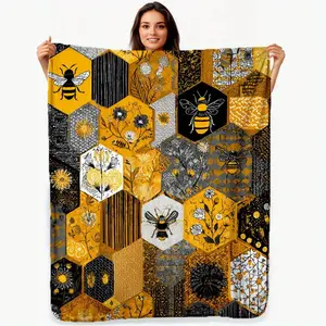 1pc Cozy Honeycomb Floral Motif Flannel Blanket - Soft, Warm, & Comfortable All-Season Throw for Couch, Bed, Car, Office, Camping & Travel - Vintage Style with Yellow, Black, & Green Hexagonal Patterns,  An essential blanket for both home and outdoor use.
