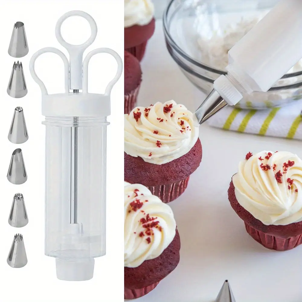 6 Pcs Piping Tool Cake Decorating Gun Cupcake Frosting Piping Kit with Pipe Tip Cake Decorating Kit Cupcake Syringe Decorating Icing Kit Mustard Piping Tool