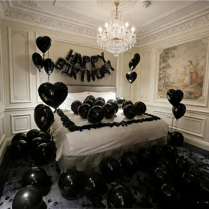 65pcs Black Birthday Balloon Set with Happy Birthday Letters & Heart-Shaped Foil Balloons for Party Decorations Bar Mitzvahs Room Supplies Photo Props Latex Plastic Material
