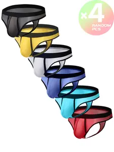 2/3/4 Pcs Random Color Men's Thong Briefs Hollow Butt-Lifting Elastic Low-Rise Color Block Clothes, Daily Casual Underwear