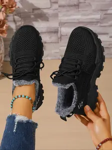 Women's Plus Size Casual Sport Shoes, Breathable Mesh Fabric, Warm Fleece Lining, Ideal for Vacation Travel, Home Use, Daily Wear
