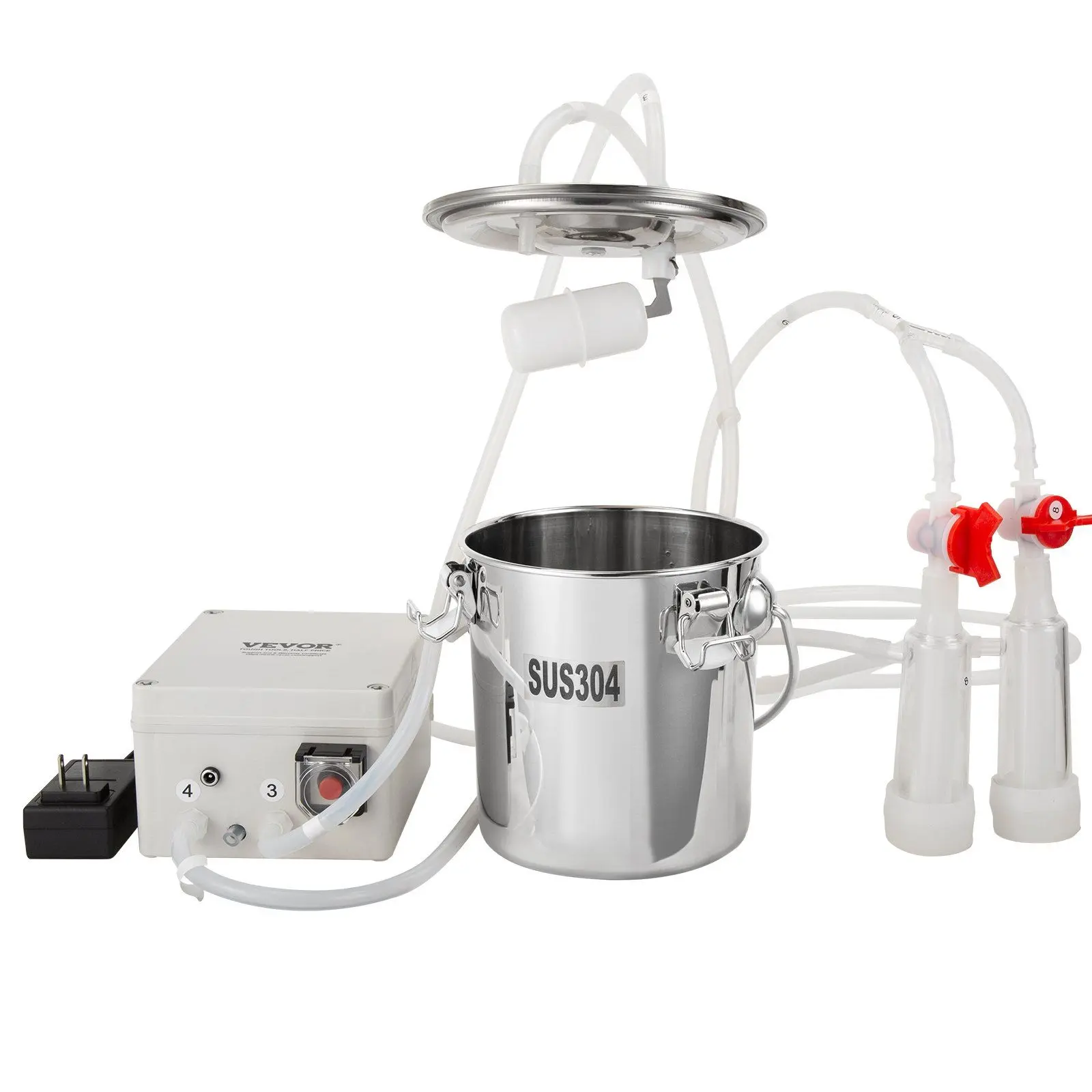 VEVOR Goat Milking Machine, 3 L 304 Stainless Steel Bucket, Electric Automatic Pulsation Vacuum Milker, Portable Milker with Food-grade Silicone Cups and Tubes, Adjustable Suction for Sheep