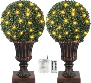 【Christmas Gift】16” Artificial Plant Topiary Ball, Pre-Lit Artificial Topiary Plant with Lights, Timer and Remote Control, Artificial Outdoor Porch Trees with Light Base for Outdoor Indoor Red
