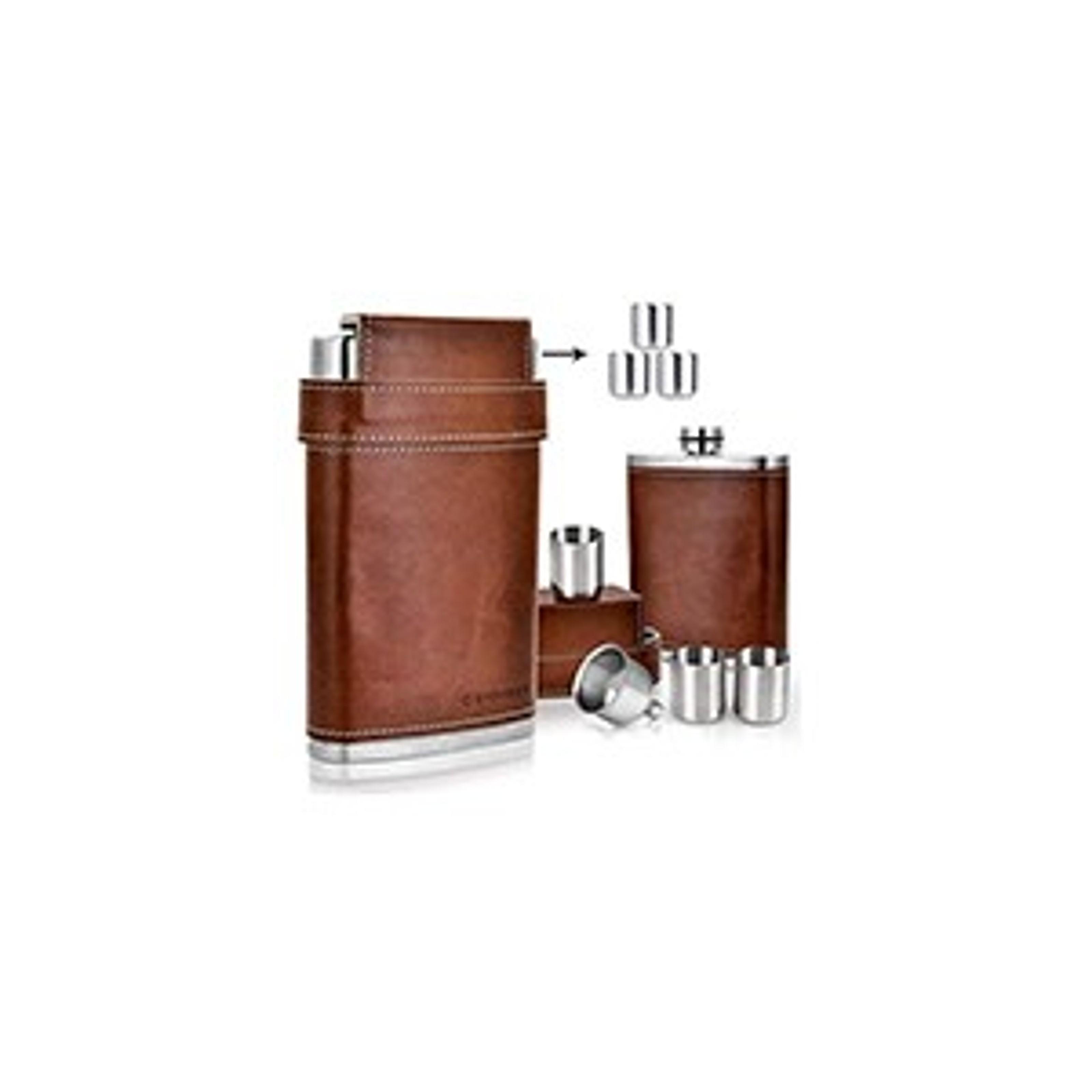 GENNISSY 8oz Hip Flask for Men - 304(18/8) Stainless Steel Bourbon Whiskey Flask, Leakproof with Brown Leather Wrap - Includes Funnel & 3 Mini Cups for Dad, Gifts, TravelGift