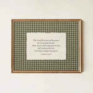 Vintage Green Gingham Print, The Blessing Wall Art Numbers 6:24-26, Bible Verse Rustic Christian Home Decor (PHYSICAL PRINT UNFRAMED)