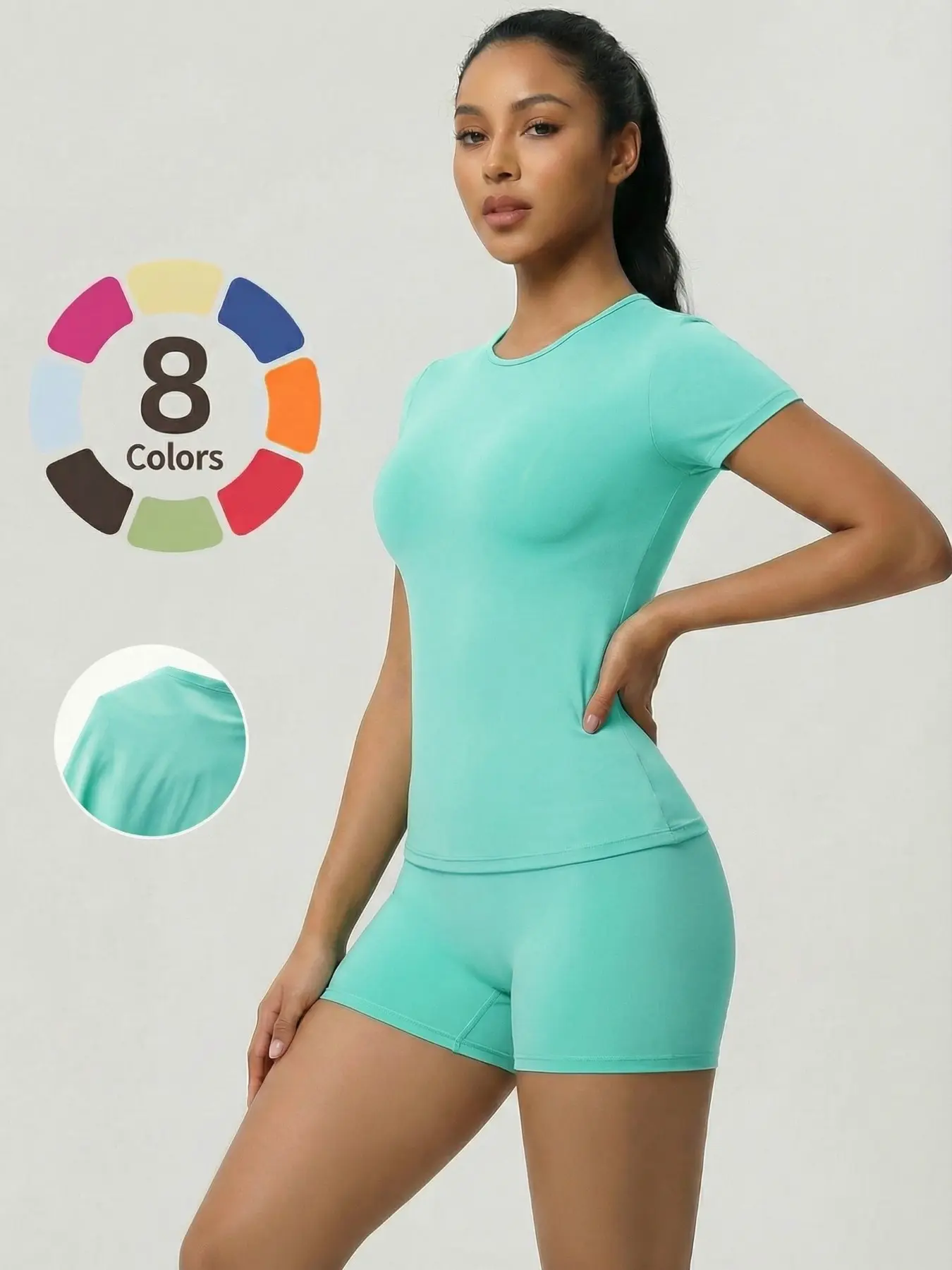 Women's Two-Piece Solid Color Sports Activewear Set, Exercise Clothing Set, Slim-Fit Round Neck Short Sleeve Shorts, Fitness Sportswear Set for Women, Comfortable Workout Wear, Fitness Outfits, Sporty Style Clothes