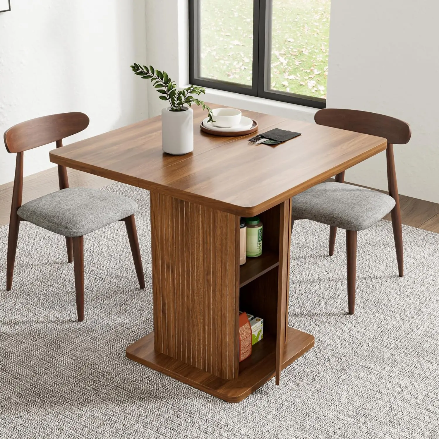 31.5 Inch Small Square Farm Style Dining Table for 2-4, Modern Fluted Door Charm Built-In Shelving Furniture with 2-Tier Shelf Stash, Space-Saving Indoor Use for Dining Room, Built-In Shelving Dining Room Furniture