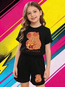 Girls Capybara Boba Print Short Sleeve T-Shirt & Shorts Set, Casual Loungewear 2-Piece