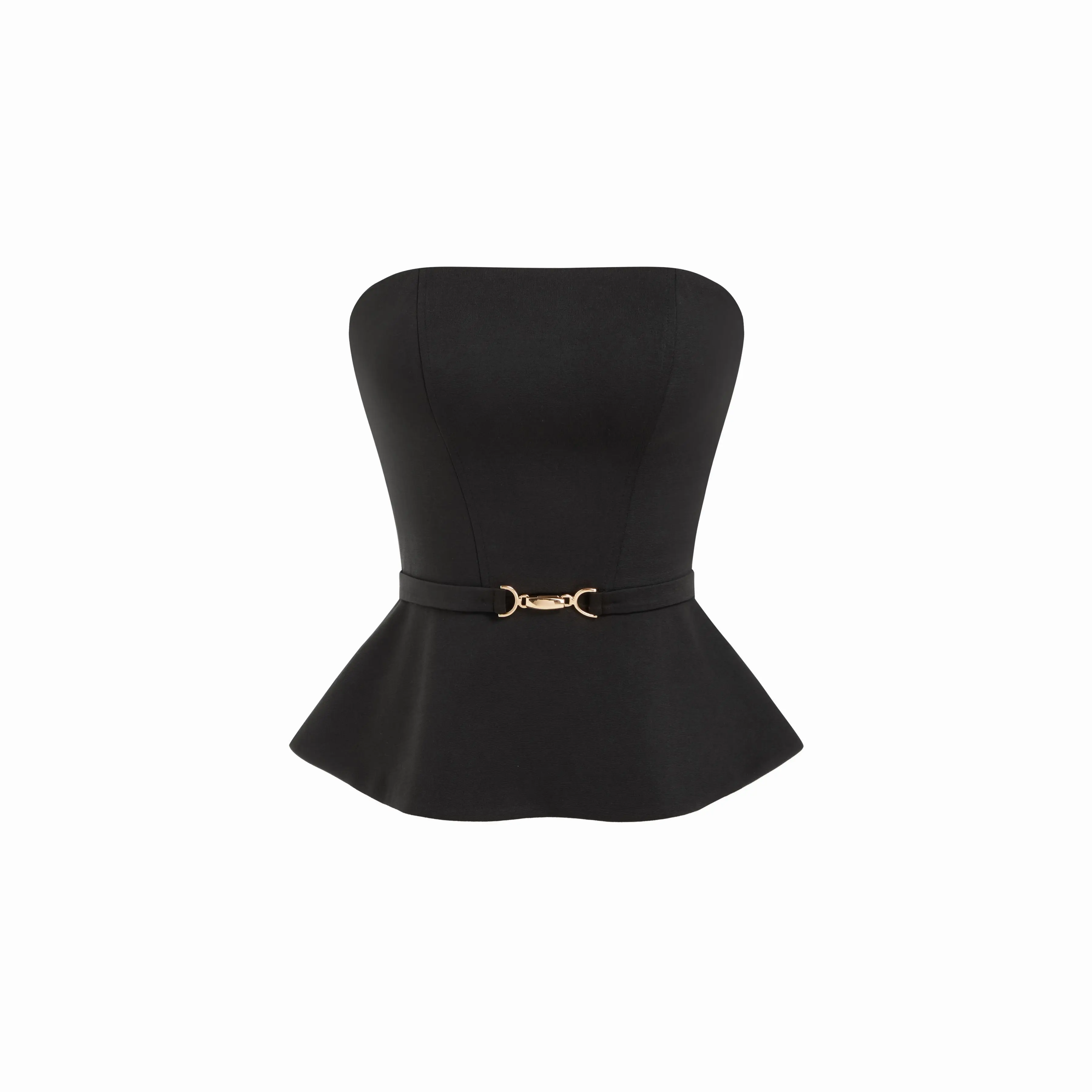 Cider Women's Solid Color Strapless Bandeau Crop Top, Chic Belted Shirt with a Cinched Waist and Metal Buckle Detail for Parties, Basic, Sleeveless, Crew Neck, Elastane, Woven Elastane, Cropped