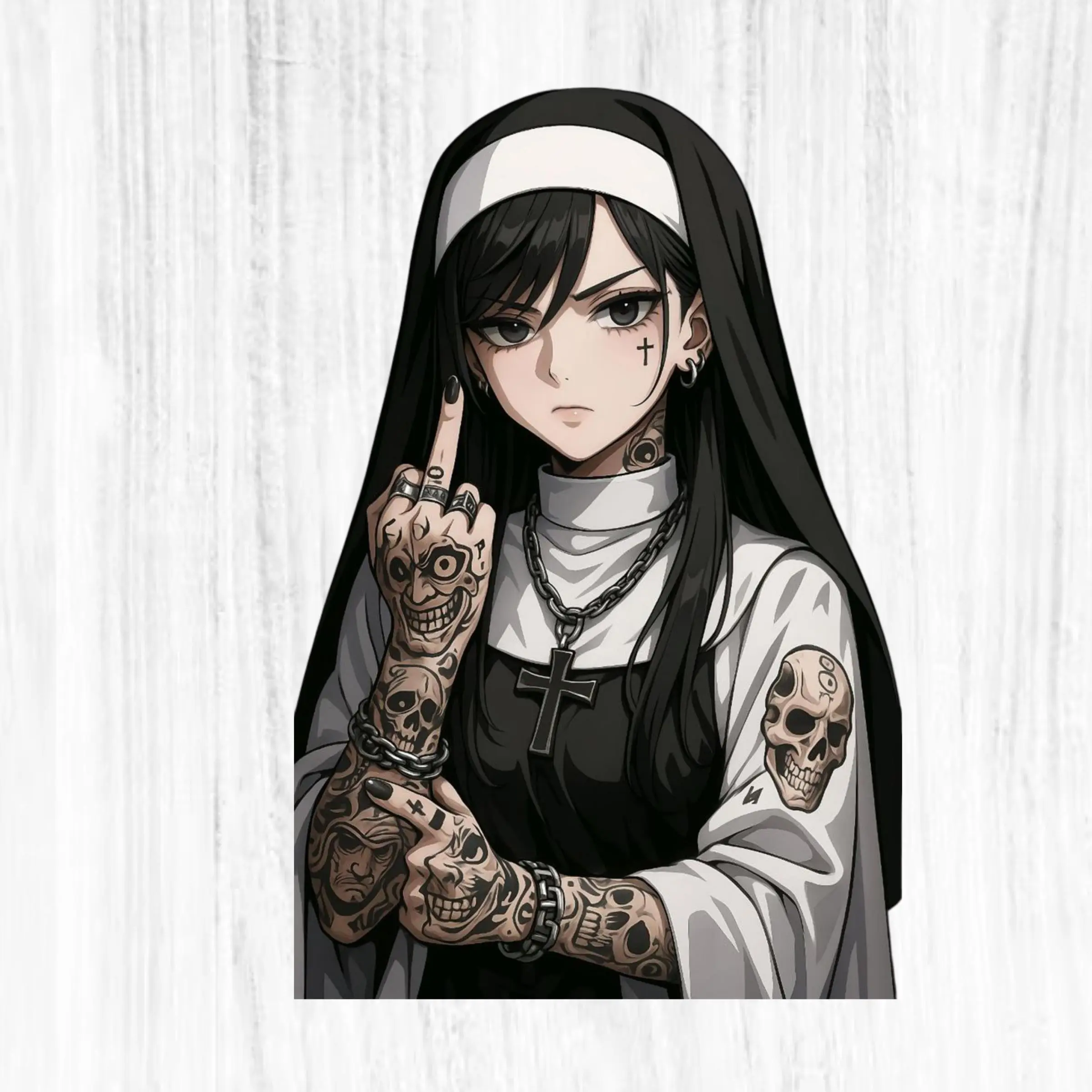 Goth Nun Tattoo Sticker, Dark Anime Nun Middle Finger Vinyl Decal Laptop Car