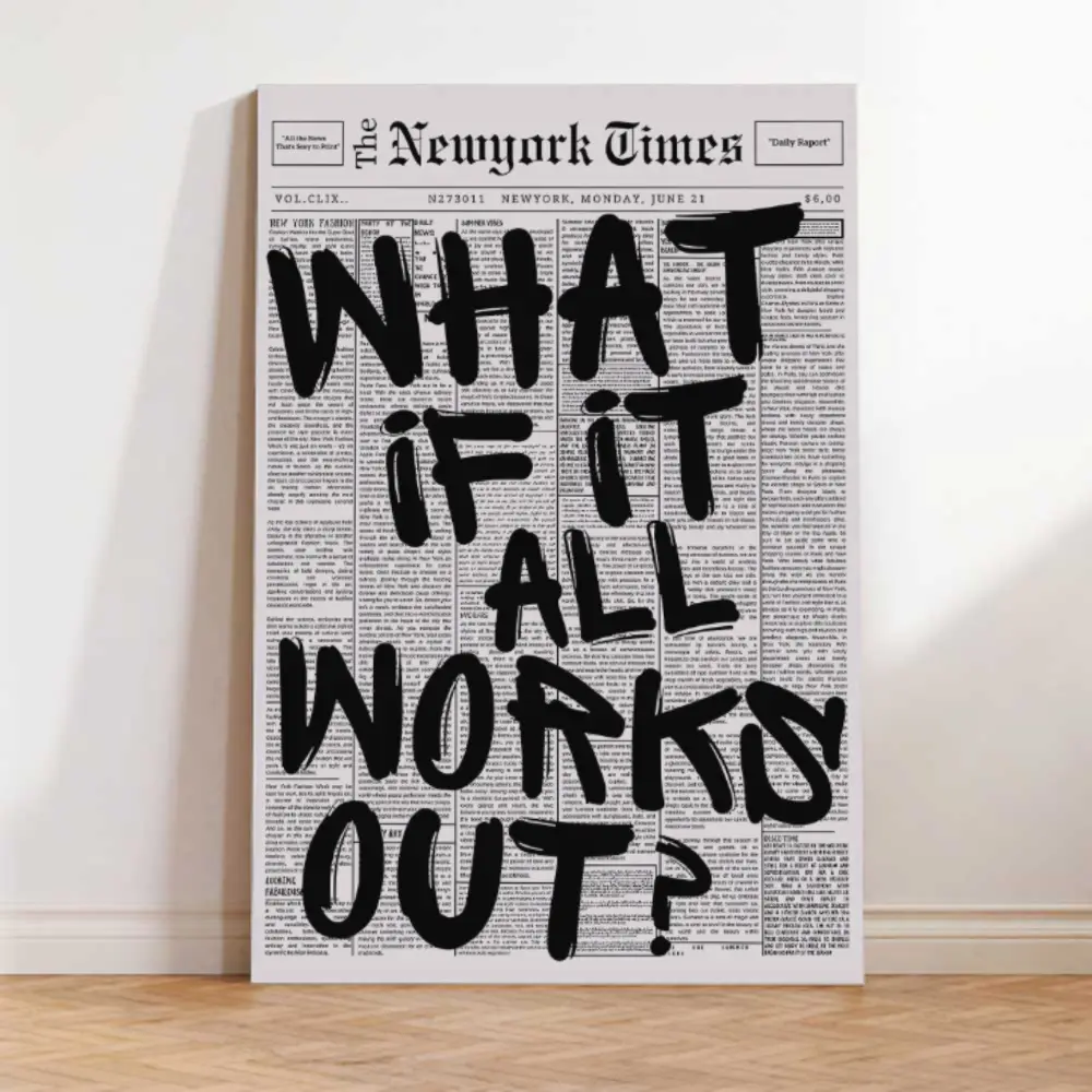 Viral Manifestation Quote Canvas Wall Art, What If It All Works Out Vintage Newspaper Typography Print, Black White Aesthetic Preppy Dorm Bedroom Apartment Decor, Framed & Unframed Available