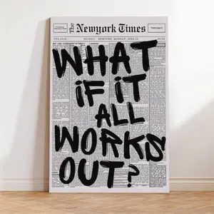 Retro Black And White Newspaper Poster “What If It All Works Out” Canvas Wall Art Positive Affirmation Quote Minimalist Prints Painting for Home Bedroom Dorm Living Room Office Apartment Cafe Wall Decor