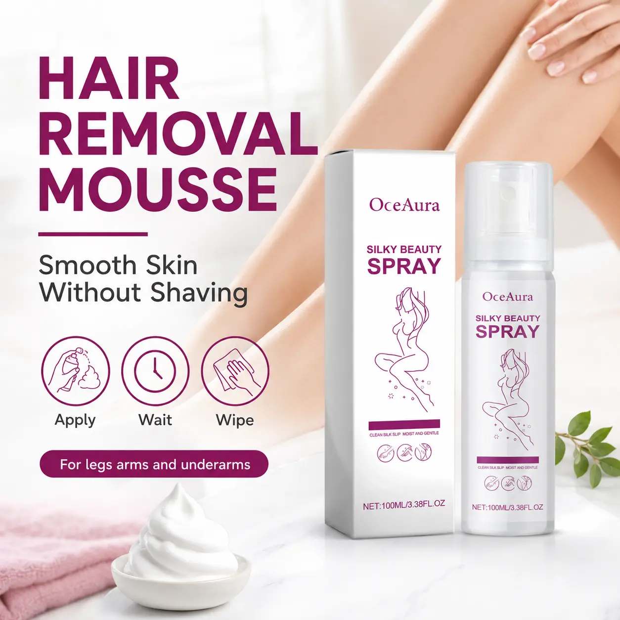 Gentle Spray & Wipe Hair Removal Mousse - Painless Full Body Hair Vanisher (For Legs, Arms, Underarms)